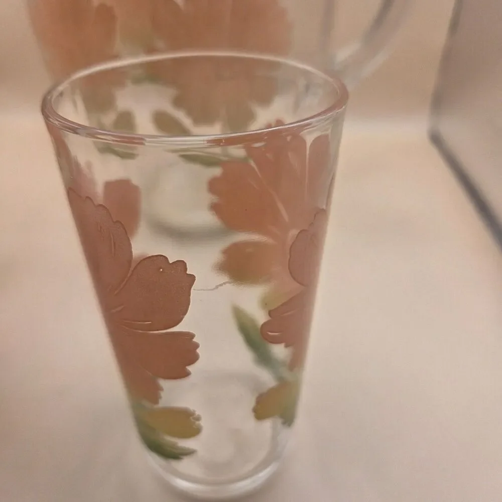 Clear Glass 1 Qt Pitcher & 3 Tumblers 4pc Set Orange Green Floral MCM Decor